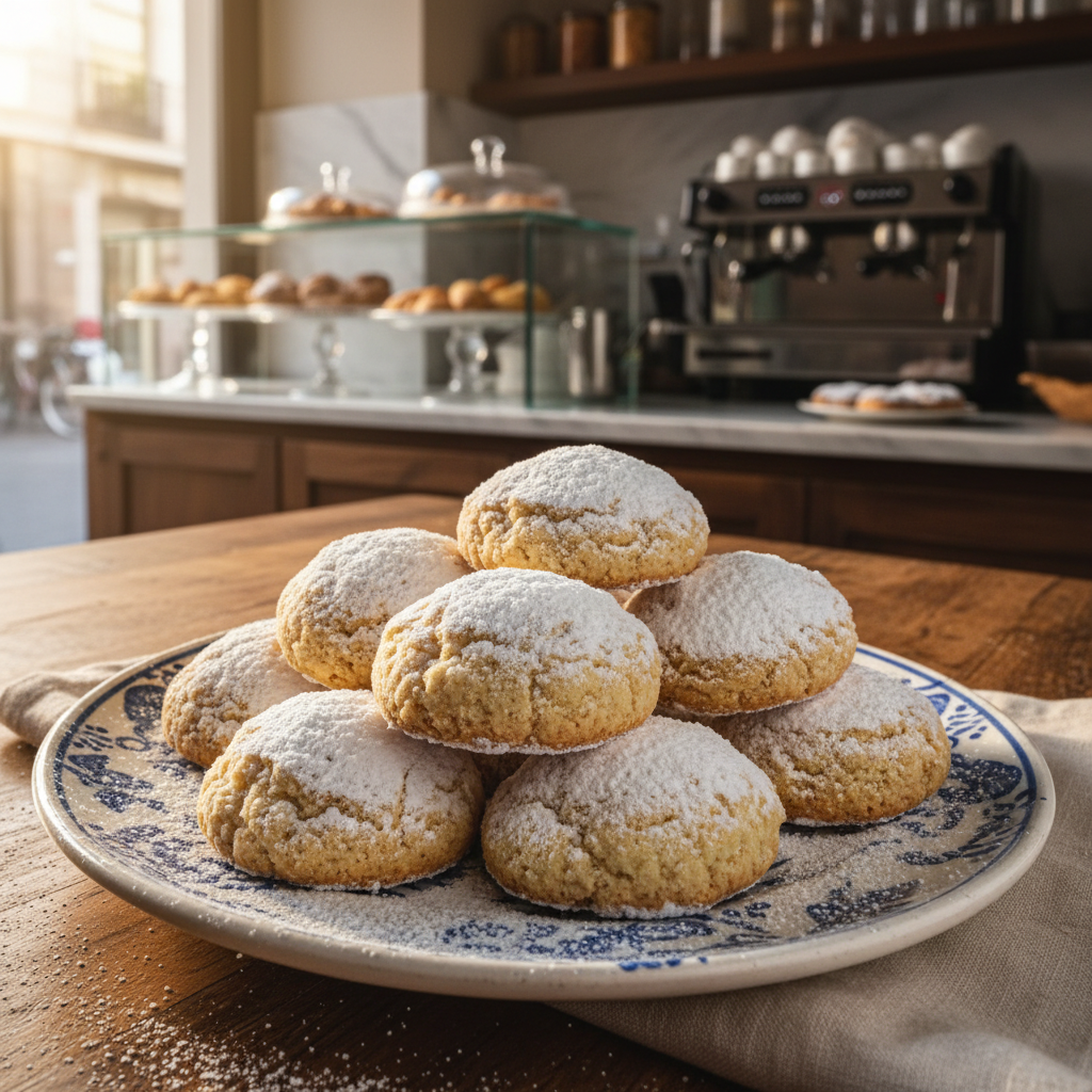 Amaretti morbidi con zucchero a velo su piatto in ceramica