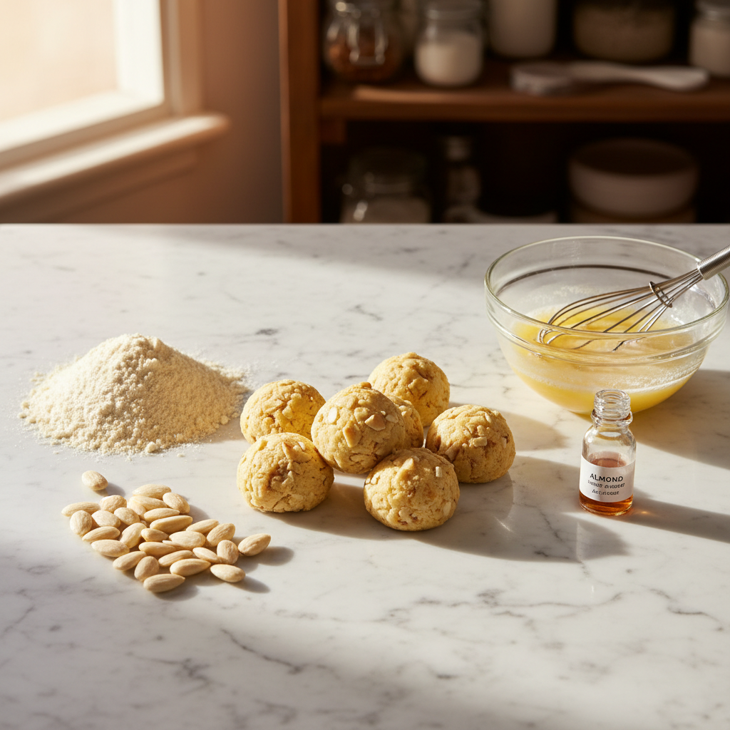 Ingredienti per amaretti morbidi su piano di marmo