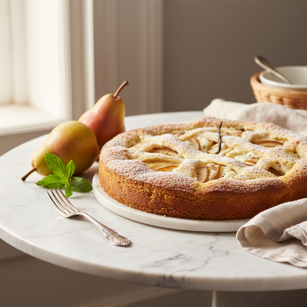 Torta di ricotta e pere su tavolo di marmo